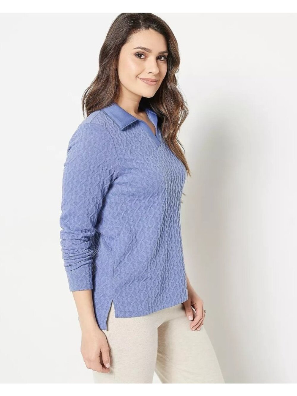 Modern Soul Top Womens XL Polo Collar Cable Long Sleeve Blue Ice Poly Blend NEW